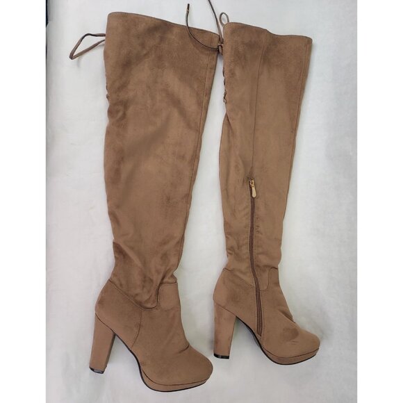 Bella Marie Boots Women's Sz 7 Suede Over The Knee 3.5" Block Heel Taupe Lace-up - Picture 4 of 16
